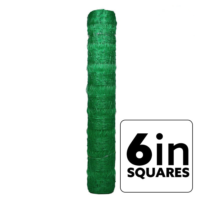 Green poultry netting with a label indicating '6in squares' on a white background