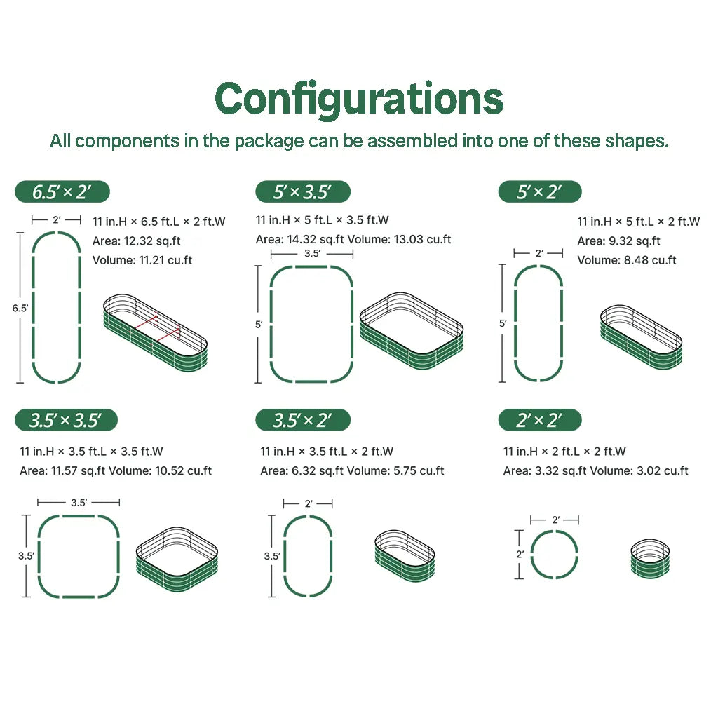 Vegega 11'' Tall 6.5x2 Galvanized Raised Flower Bed (6 in 1) v2.0