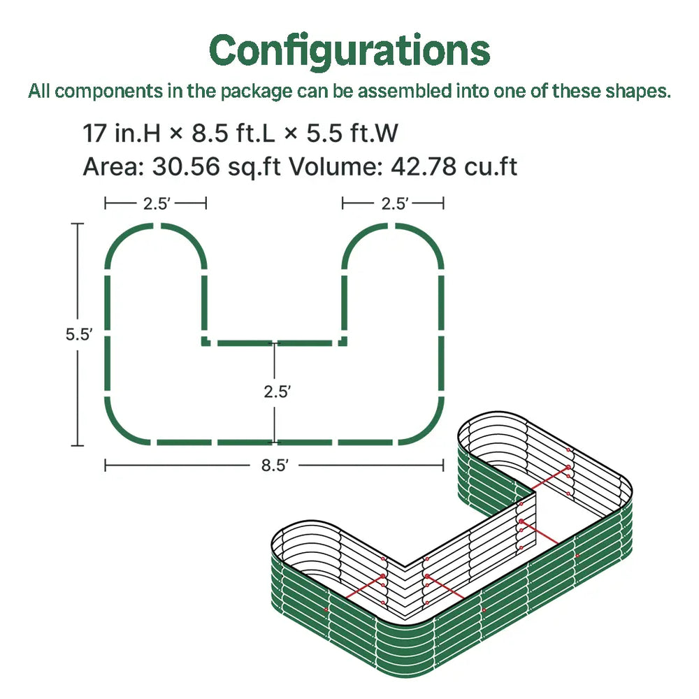 Vegega 17" Tall U Shaped Raised Garden Bed v2.0
