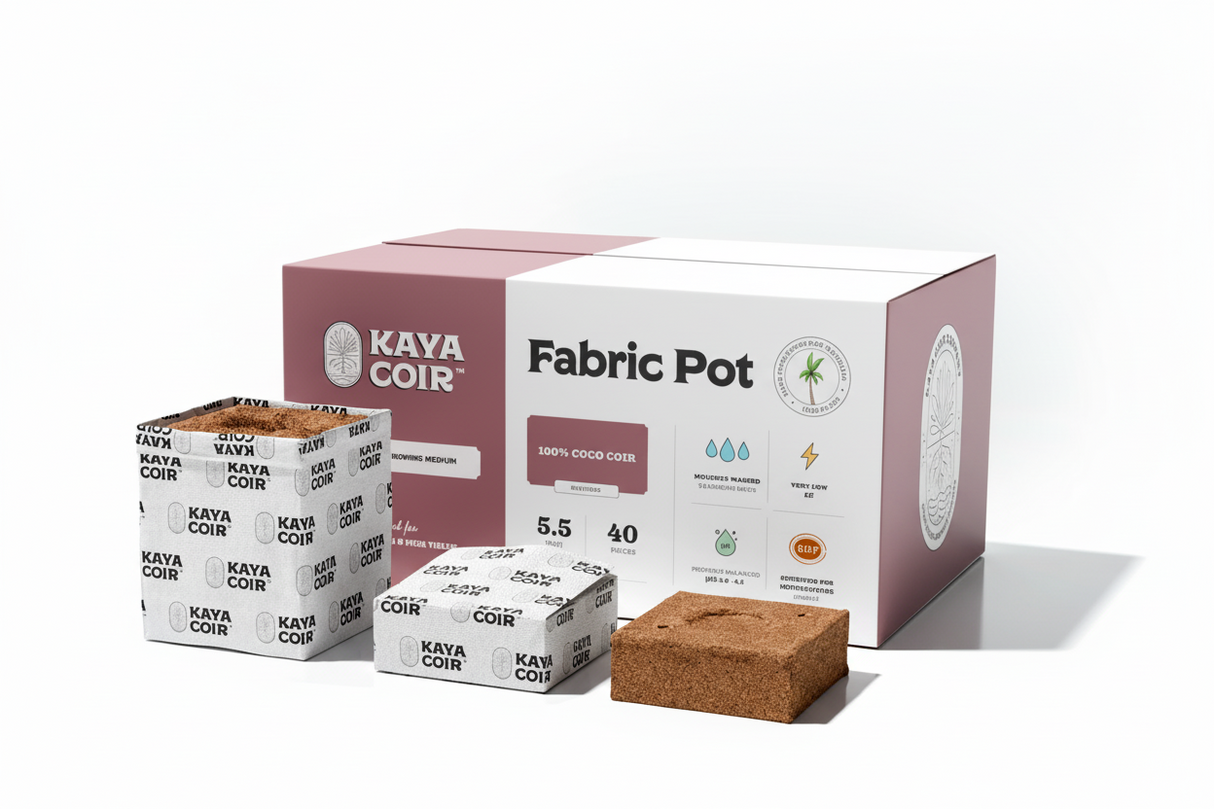 Kaya Coir fabric pot packaging with coir blocks on a white background