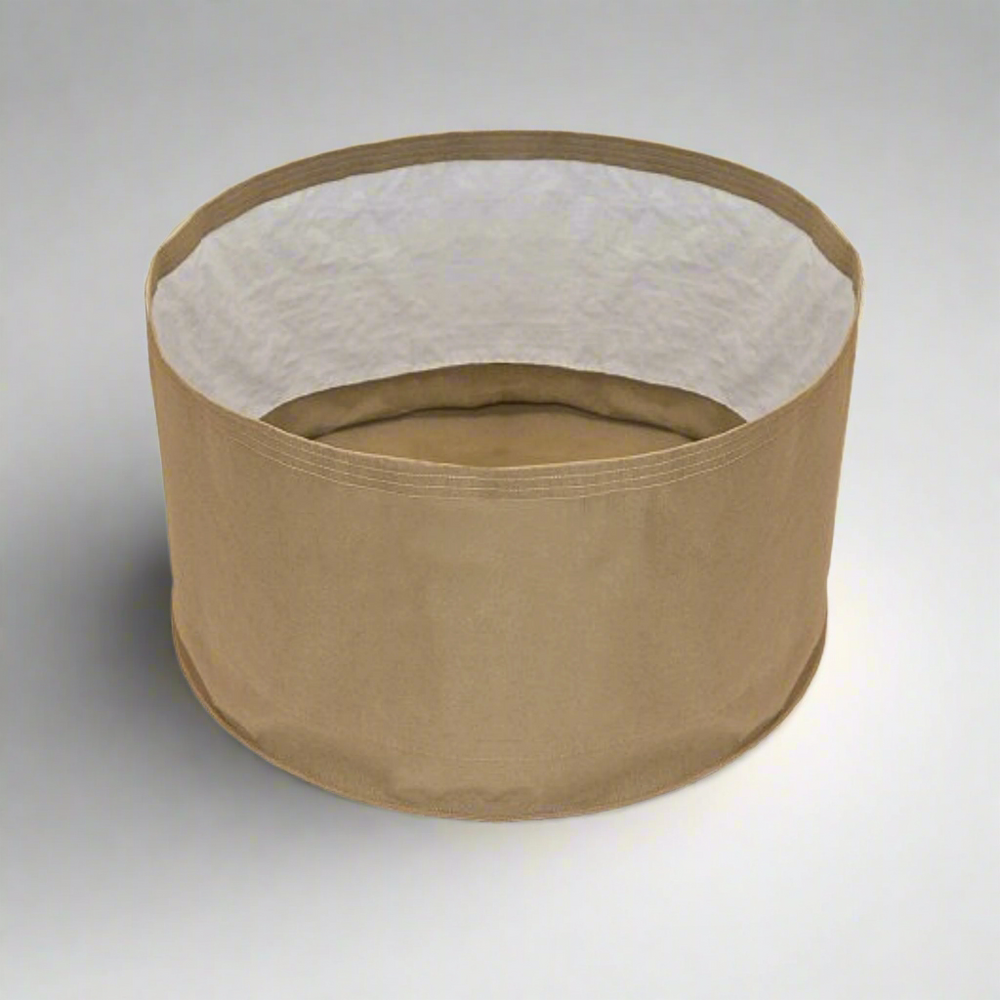 Brown fabric pot with white interior on a white background, featuring the Grassroots logo.