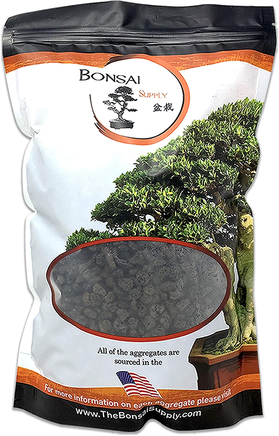 Bag of bonsai soil with a clear window showing the product inside, featuring the Bonsai Supply logo.