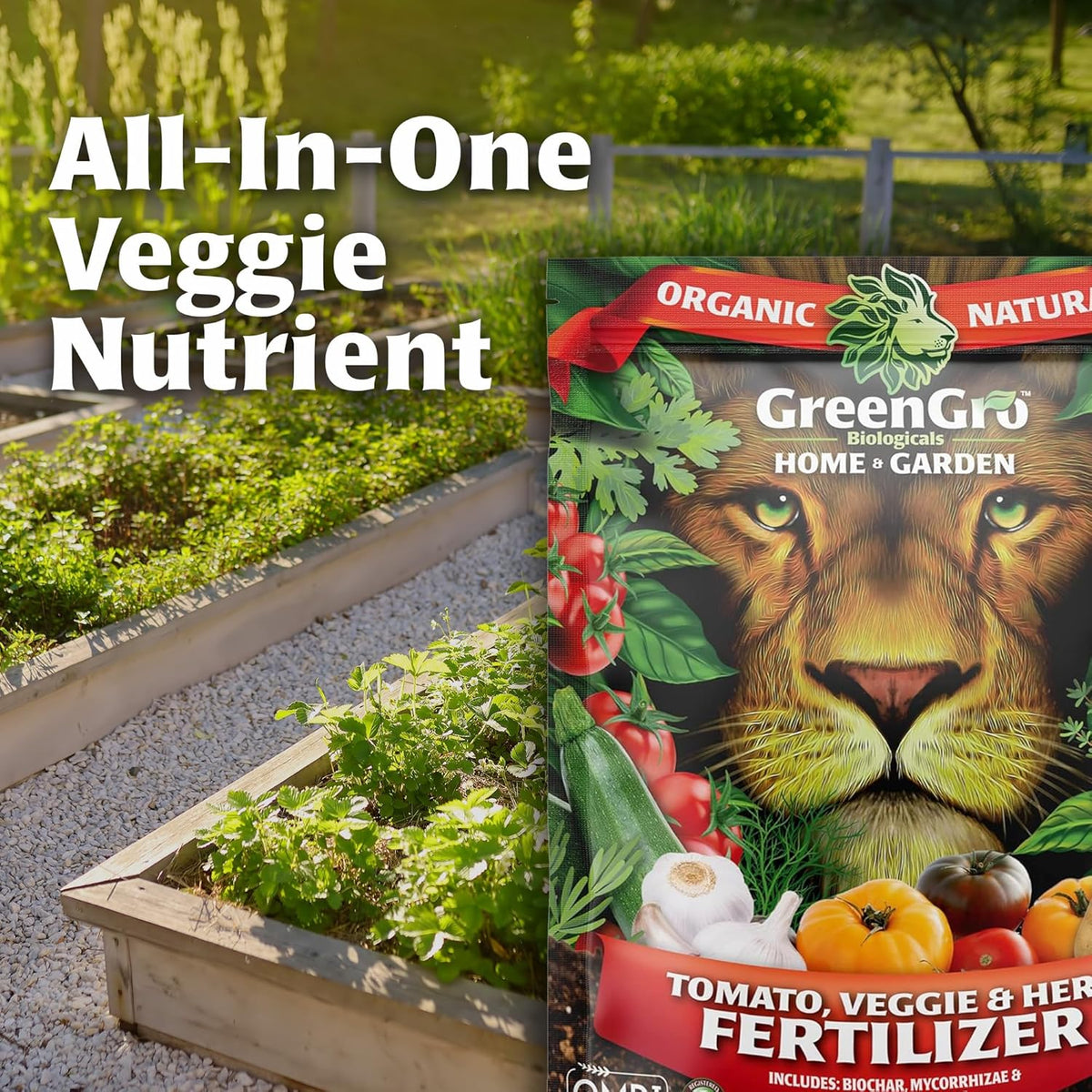 GreenGro Biologicals fertilizer package with garden scene in the background