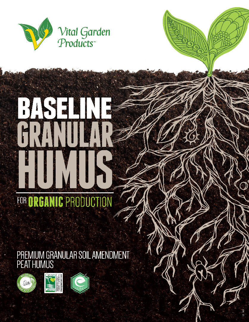 Vital Garden Products Baseline Granular Humus packaging with soil and roots illustration.