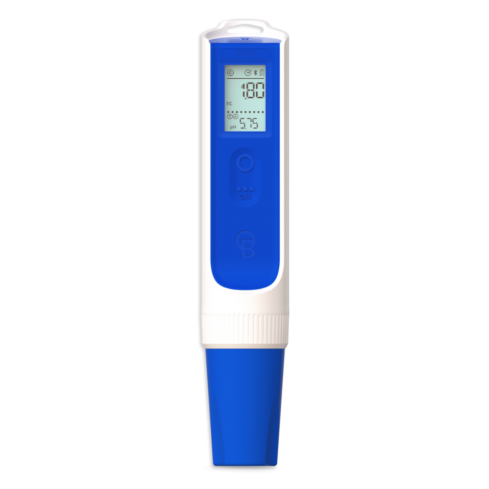 Blue and white digital pH meter on a white background