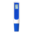 Blue and white digital pH meter on a white background