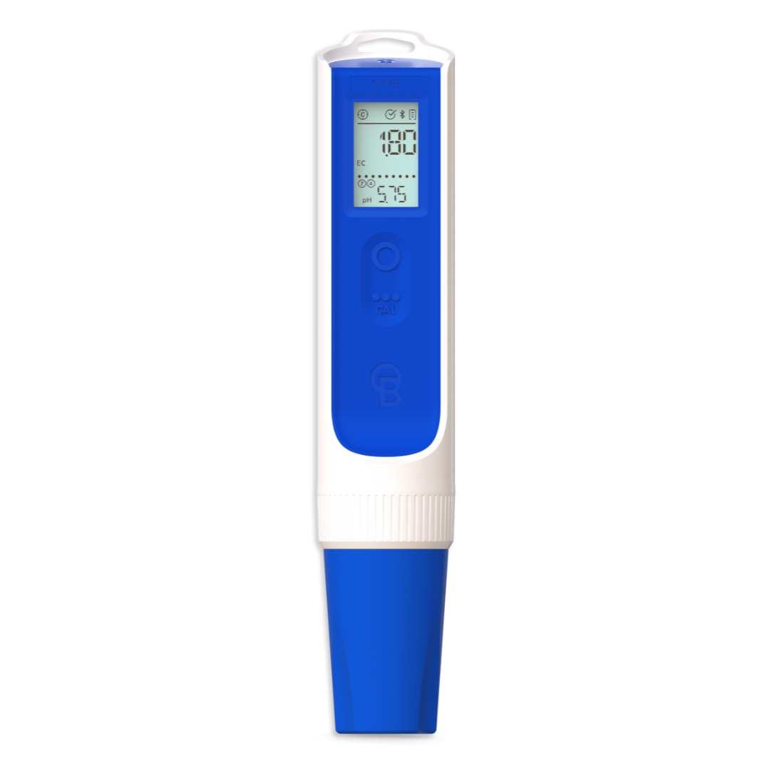 Blue and white digital pH meter on a white background