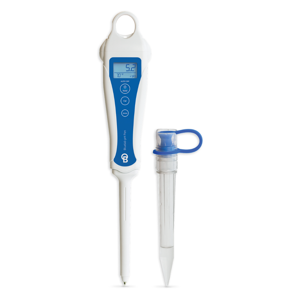 A digital water quality probe with a white and blue handle, shown alongside a clear sample tube with a blue cap on a white background.