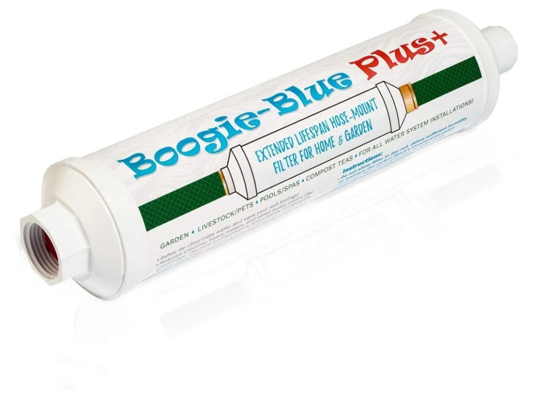 A white cylindrical filter cartridge labeled 'Boogie-Blue Plus+' with blue, green, and red printed text, shown on a clean white background.