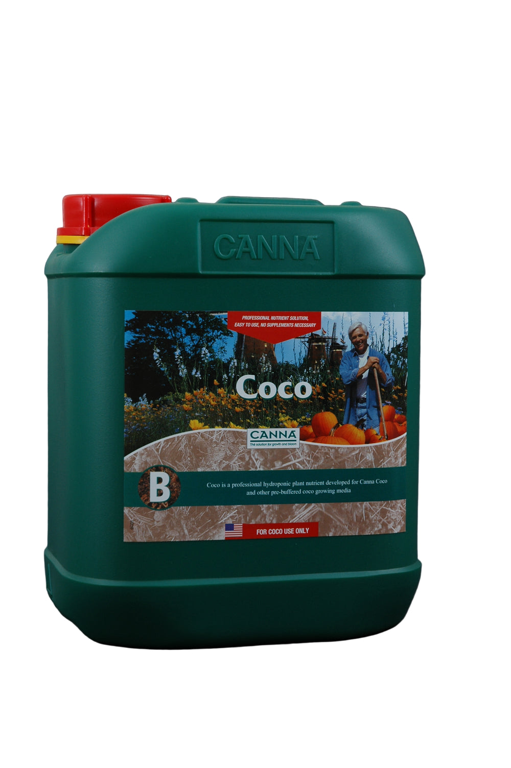 Green Canna Coco B container on a dark background