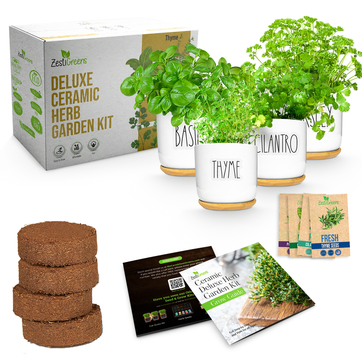 ZestiGreens Ceramic Herb Garden Kit – Basil, Cilantro, Parsley & Thyme