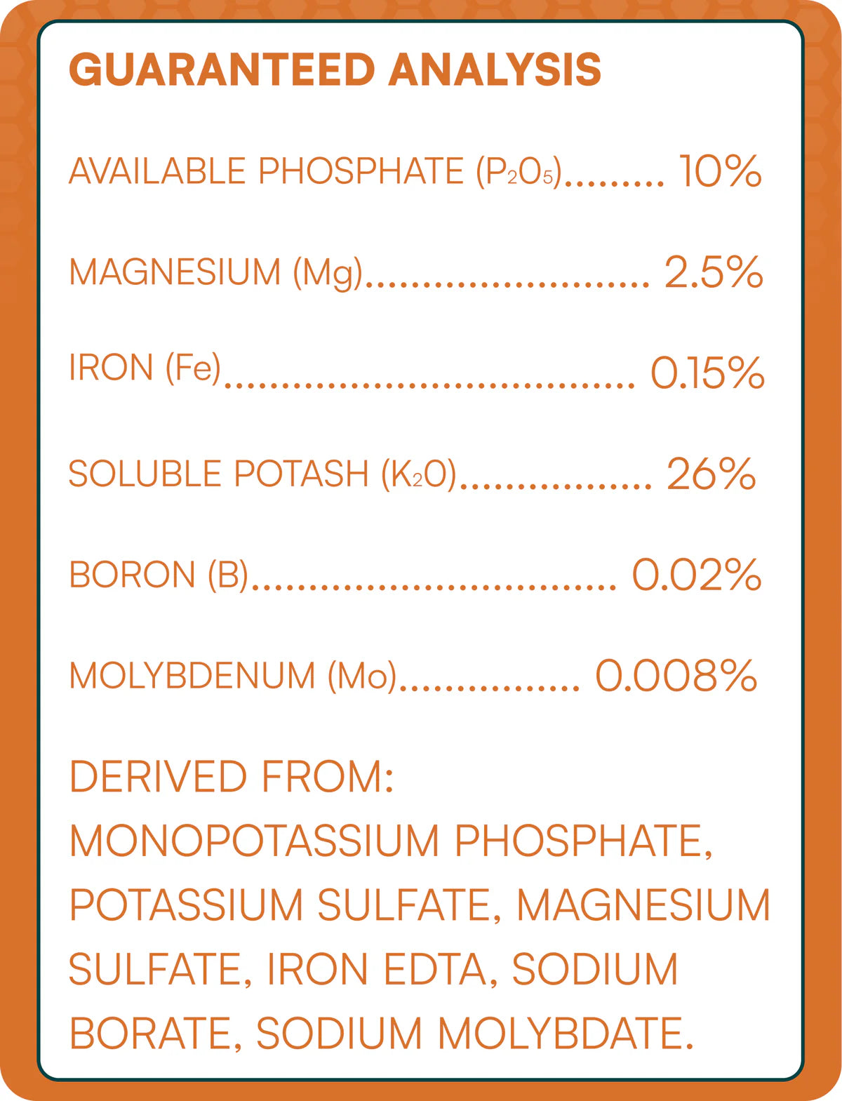 Guaranteed analysis chart for a fertilizer product with various nutrients listed.