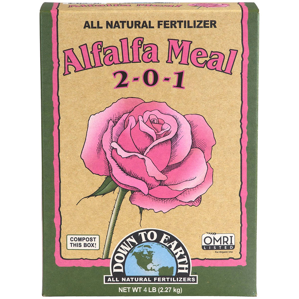 A box of Down to Earth Alfalfa Meal 2-0-1 all natural fertilizer, featuring a tan background with a large pink rose illustration and green side panels.