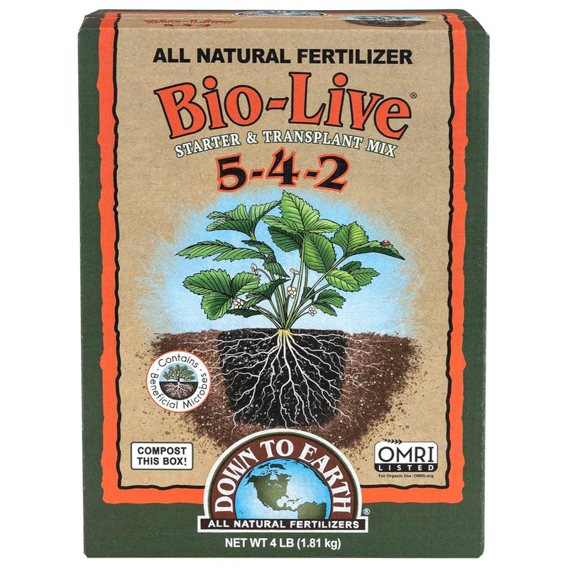Bio-Live Starter & Transplant Mix 5-4-2 all natural fertilizer in a 4 lb box, featuring a brown kraft paper style label with an illustration of a plant and roots, green and orange borders, and logos for Down to Earth and OMRI.