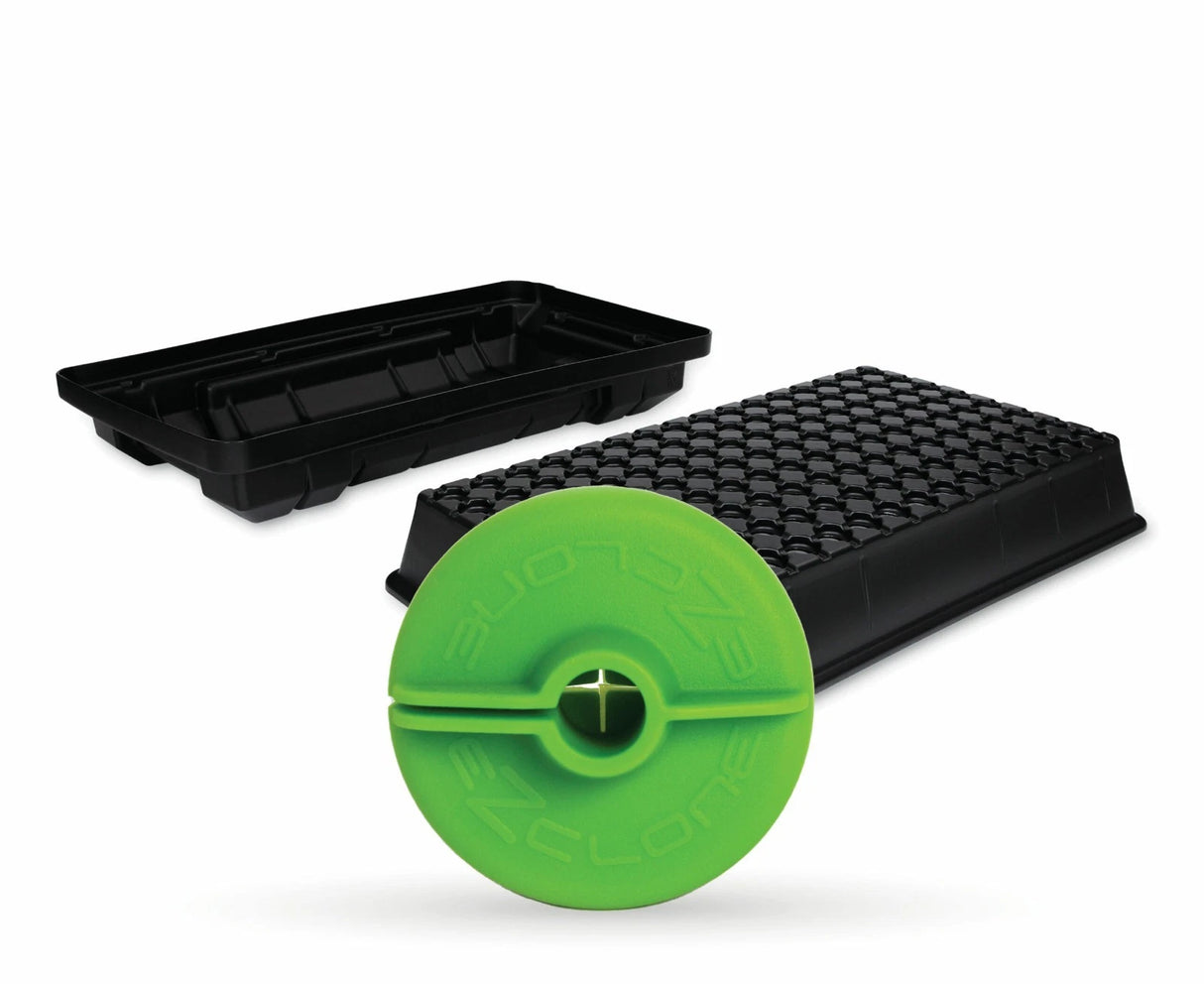 Green wheel with black plastic trays on a white background