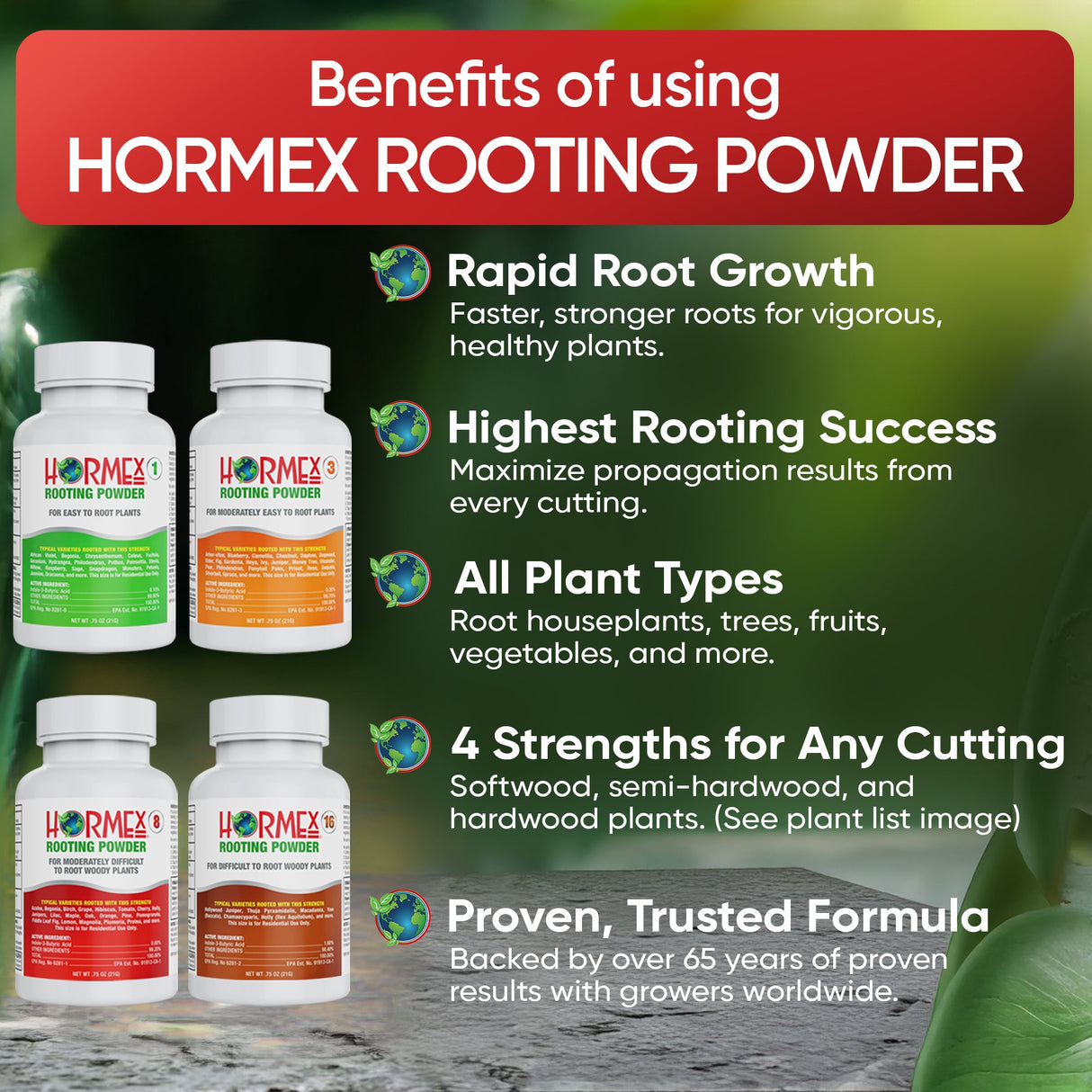 Hormex Rooting Powder Pack #1, #3, #8, #16 – 0.75 oz Each (4-Pack)