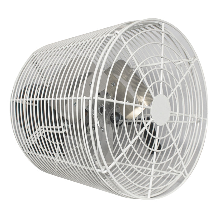 Industrial fan with wire mesh cover on a white background