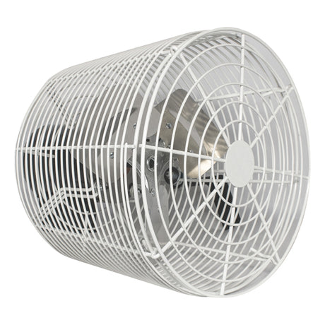 Industrial fan with wire mesh cover on a white background