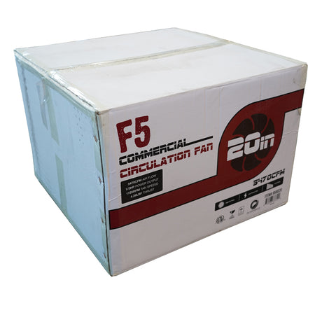 Cardboard box with F5 Commercial Circulation Fan branding on a white background