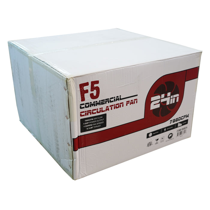 Box packaging for a commercial circulation fan with branding and specifications.