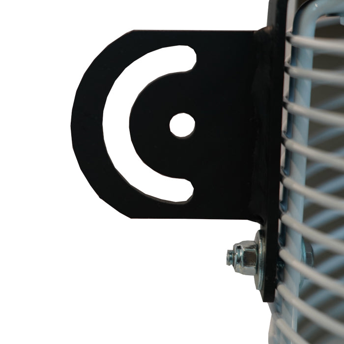 Close-up of a black metal bracket with a white logo on a white background