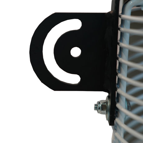 Close-up of a black metal bracket with a white logo on a white background