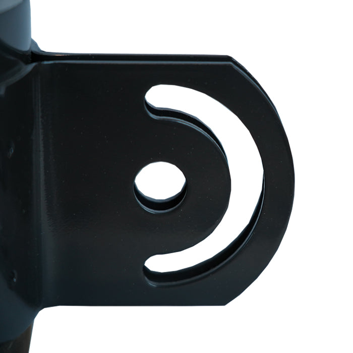 Close-up of a black metal bracket with a white circular cutout on a white background