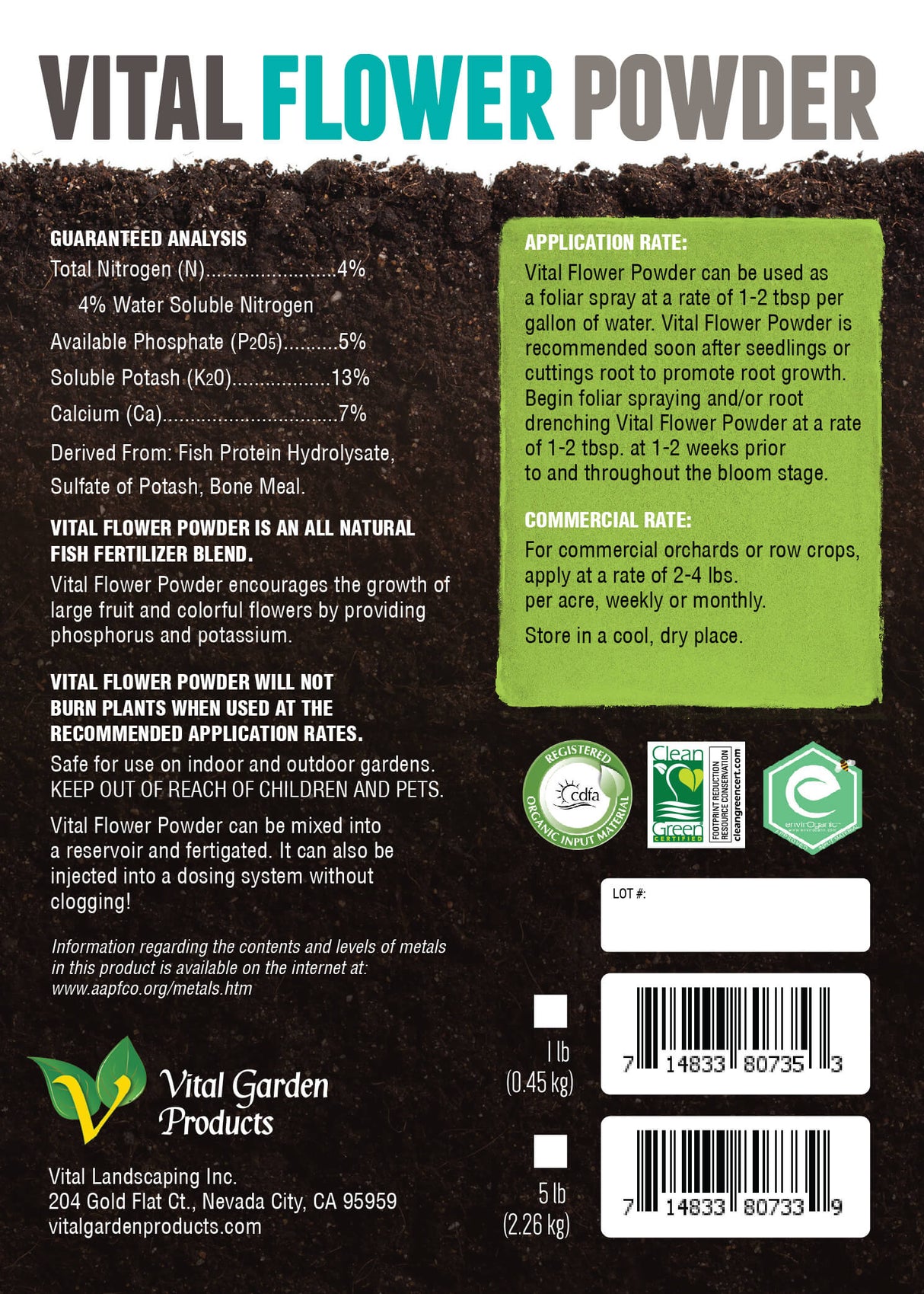 Back label of Vital Flower Powder with text and branding details.