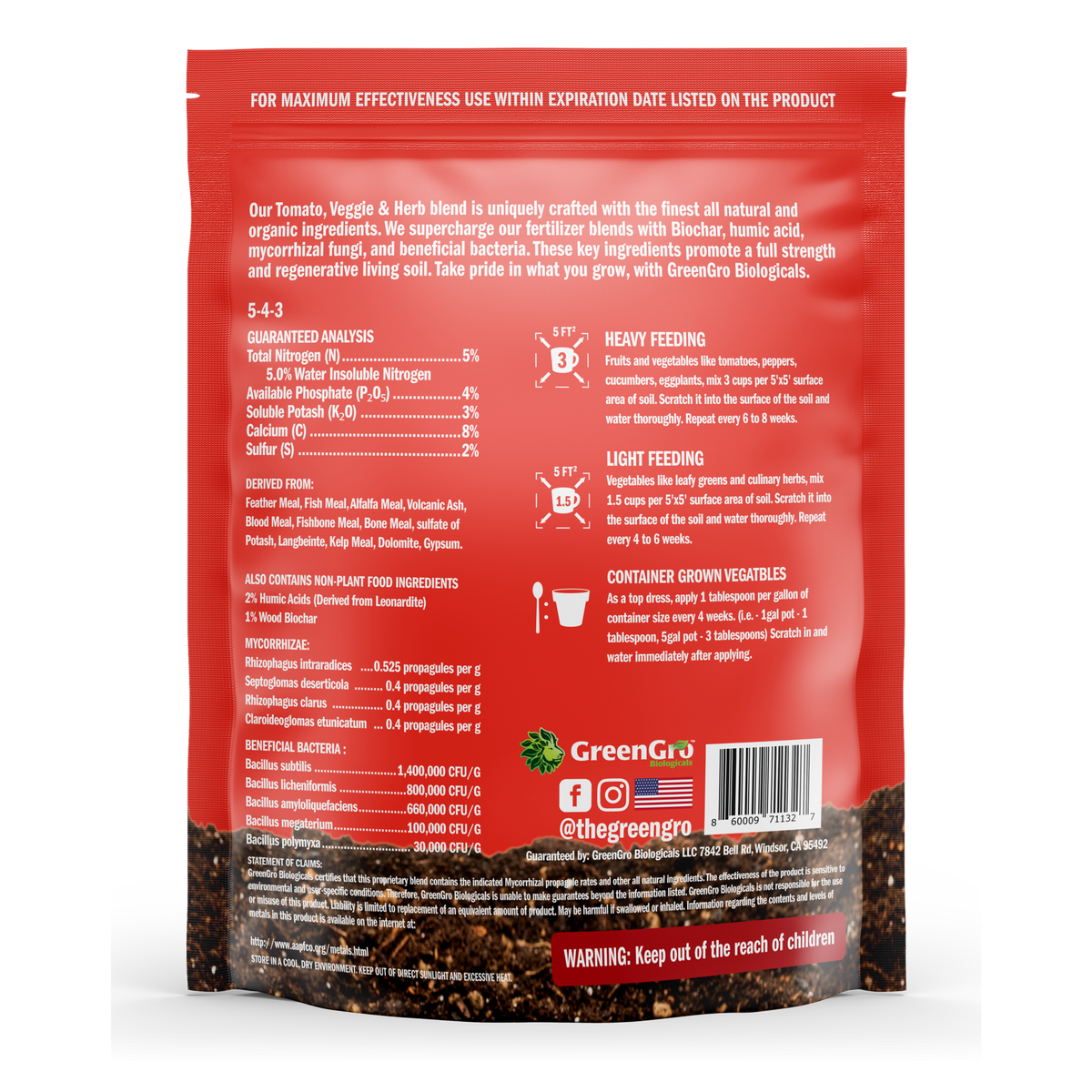 Back view of a red and black bag of GreenGro Nutrient Blend 5-4-3 fertilizer, showing detailed product information, ingredients, and application instructions.