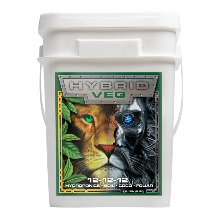A white plastic bucket of Hydroponics Solutions Hybrid Veg fertilizer with a large front label showing a lion and a robotic face, on a white background.
