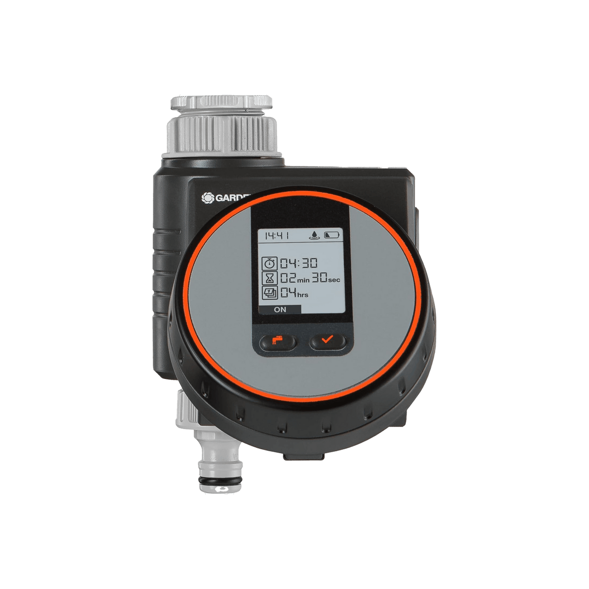 Gardena irrigation control valve with digital display on a transparent background