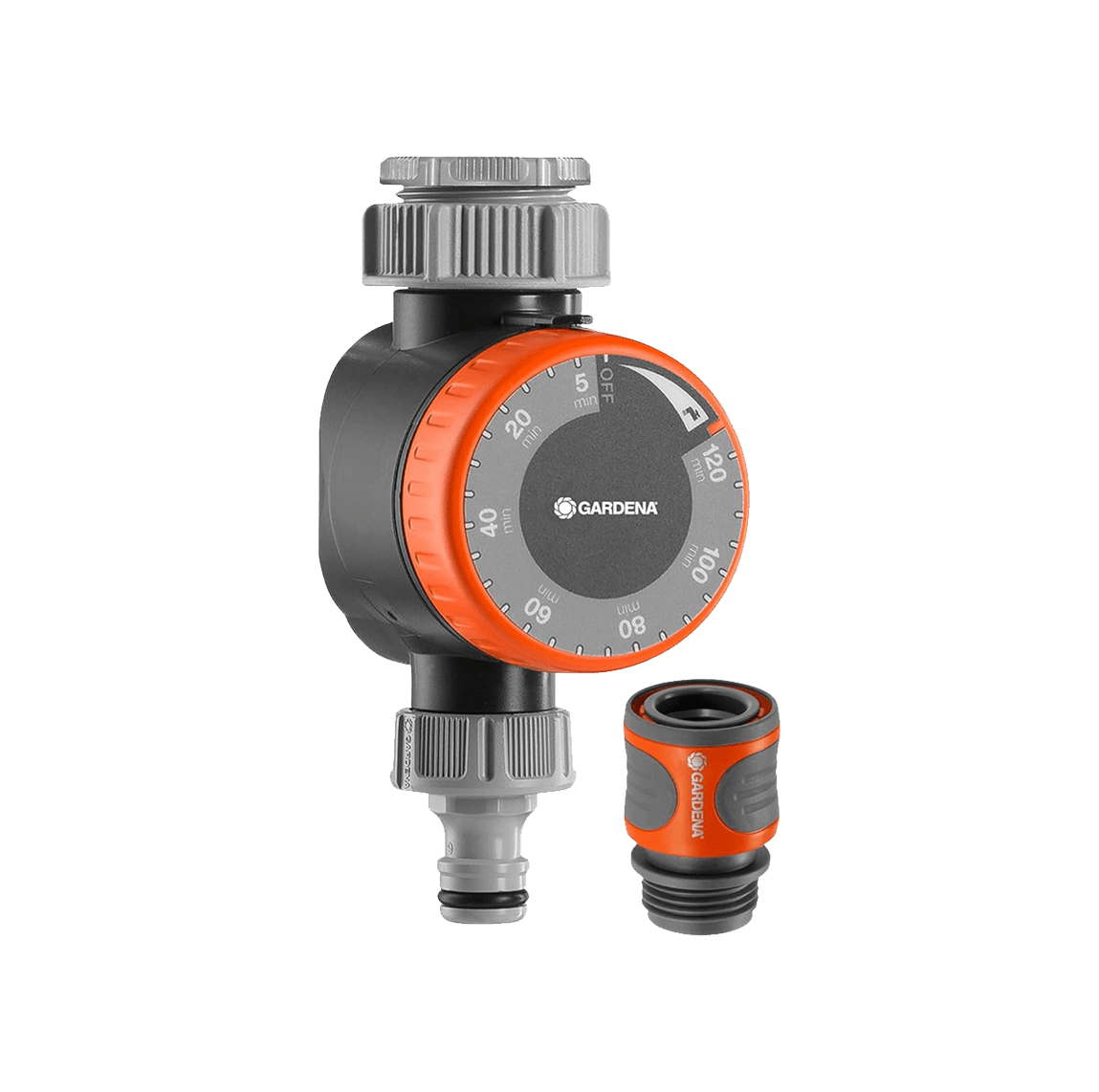 Gardena irrigation timer with two connectors on a green background