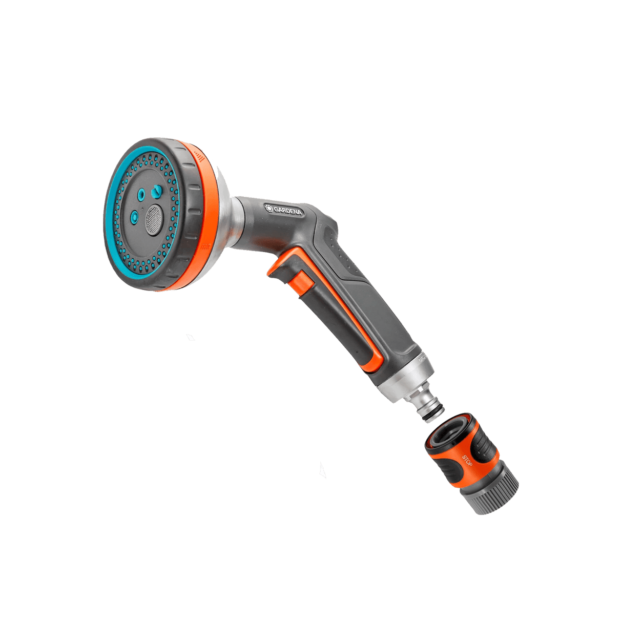 Garden hose nozzle with adjustable spray pattern on a transparent background