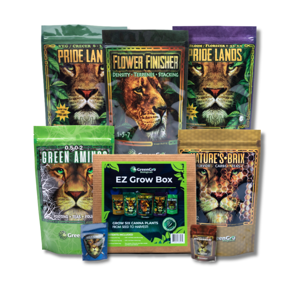 A product bundle of GreenGrow cannabis grow and flower care products, including Pride Lands, Flower Finisher, Green Amino, and EZ Grow Box, arranged on a white background.