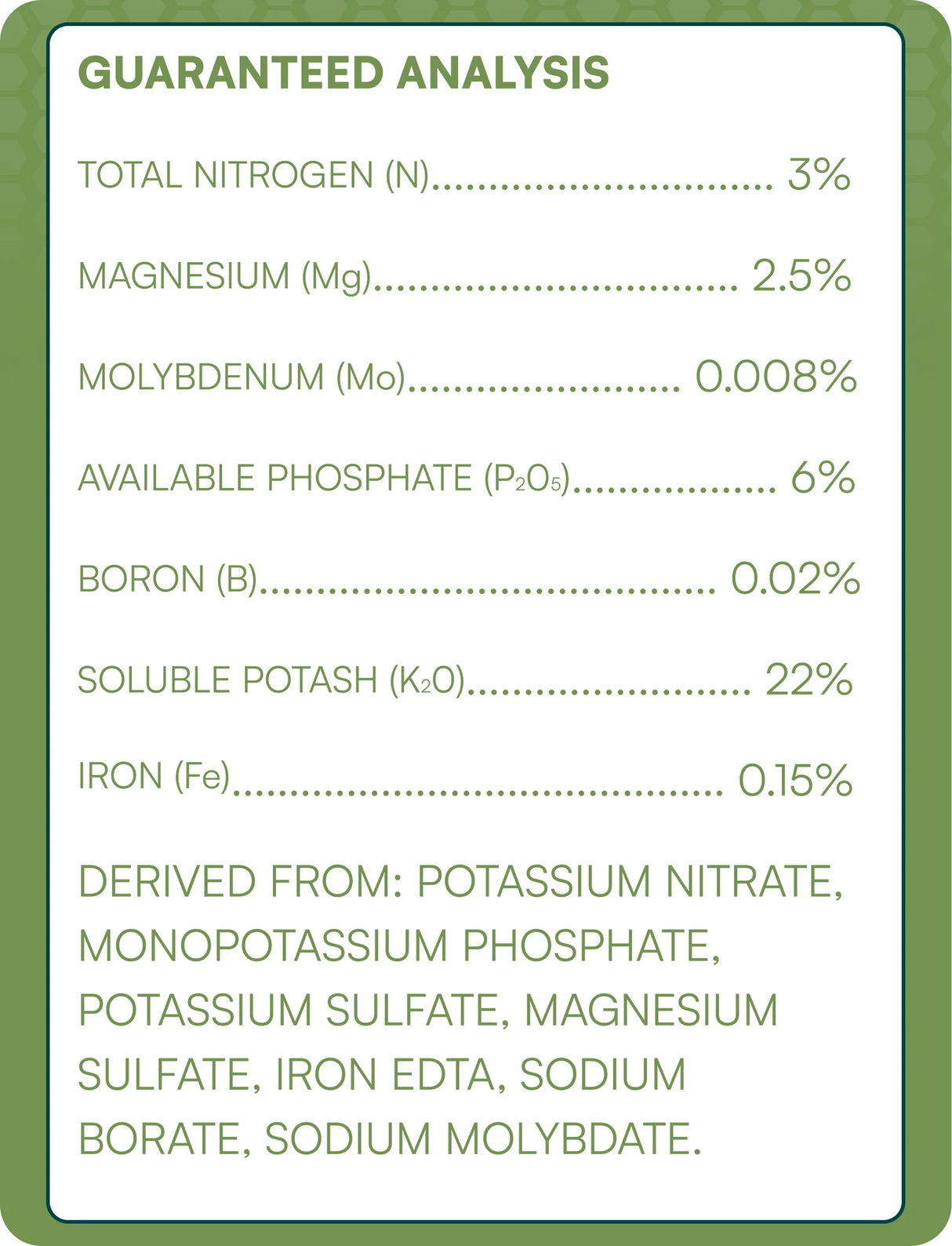Nutrient analysis label for a fertilizer product with green border and white background.