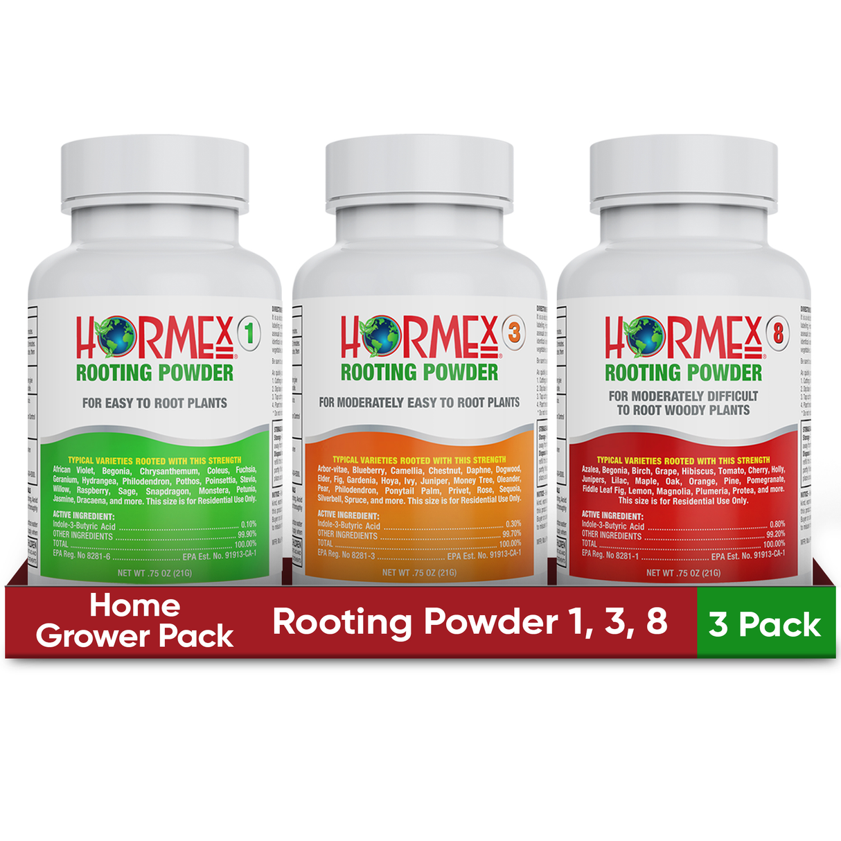 Three bottles of Hormex Rooting Powder in a packaging box on a white background