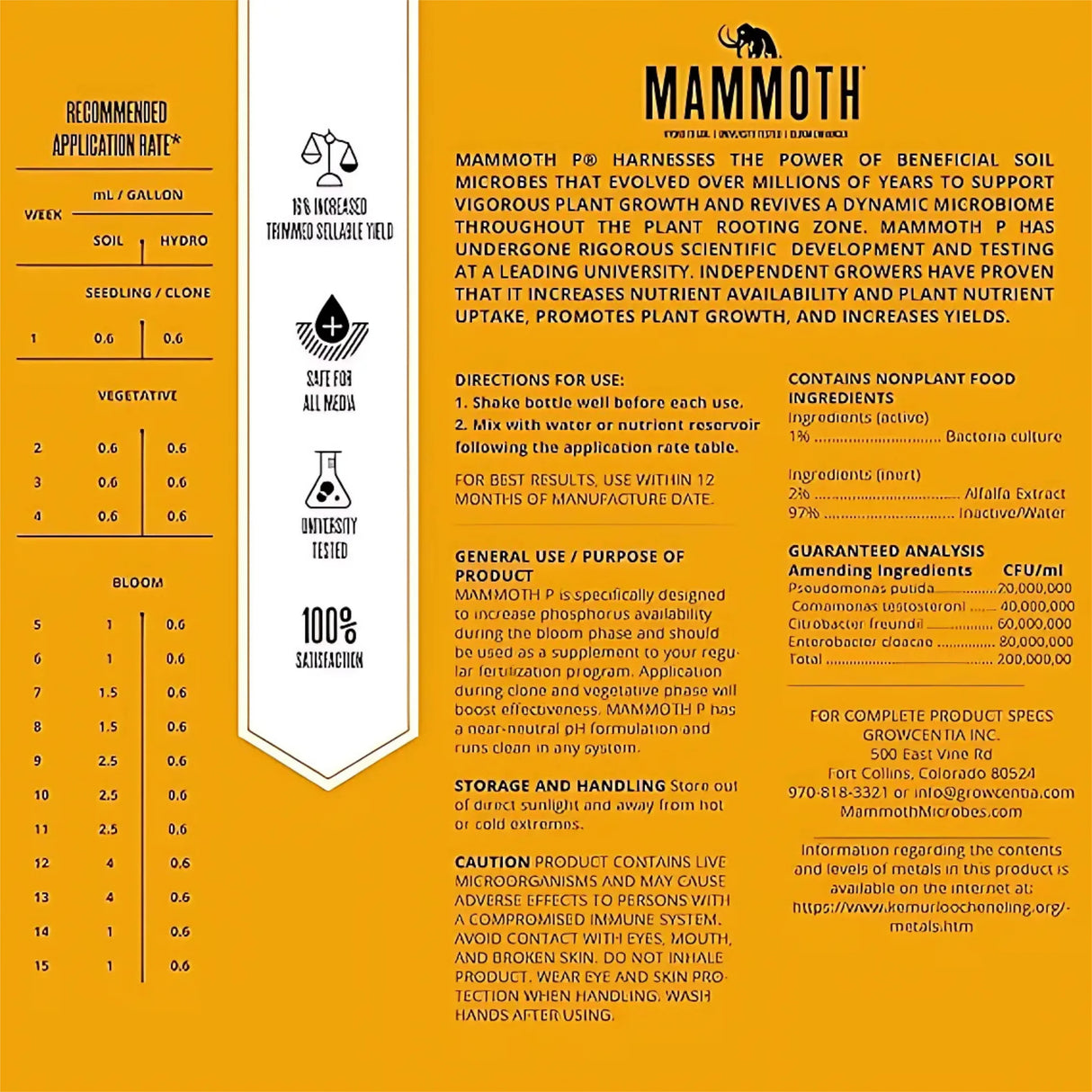 Mammoth fertilizer label with application rates and product details on a yellow and white background