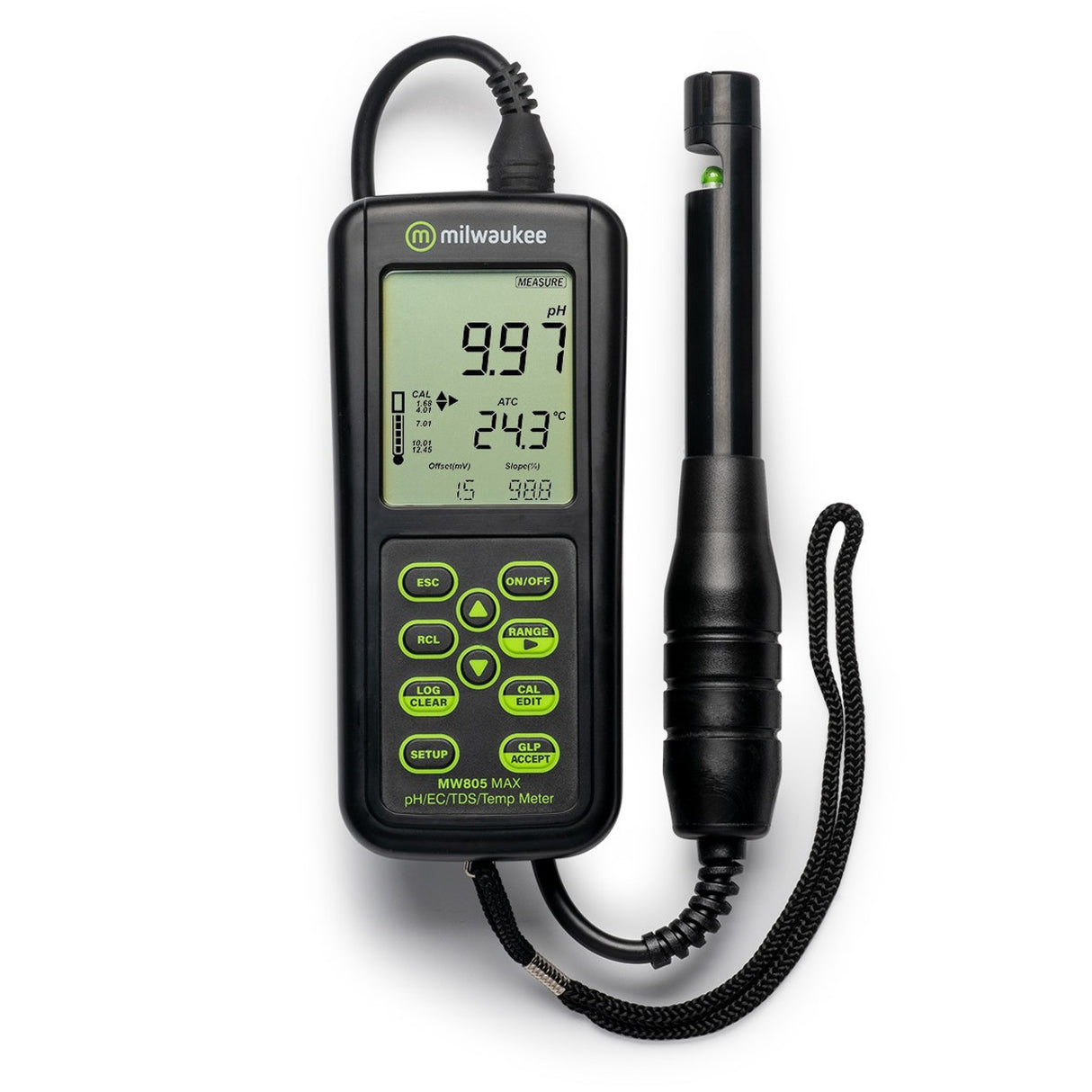 Milwaukee pH/TDS/Temp meter with digital display on a white background