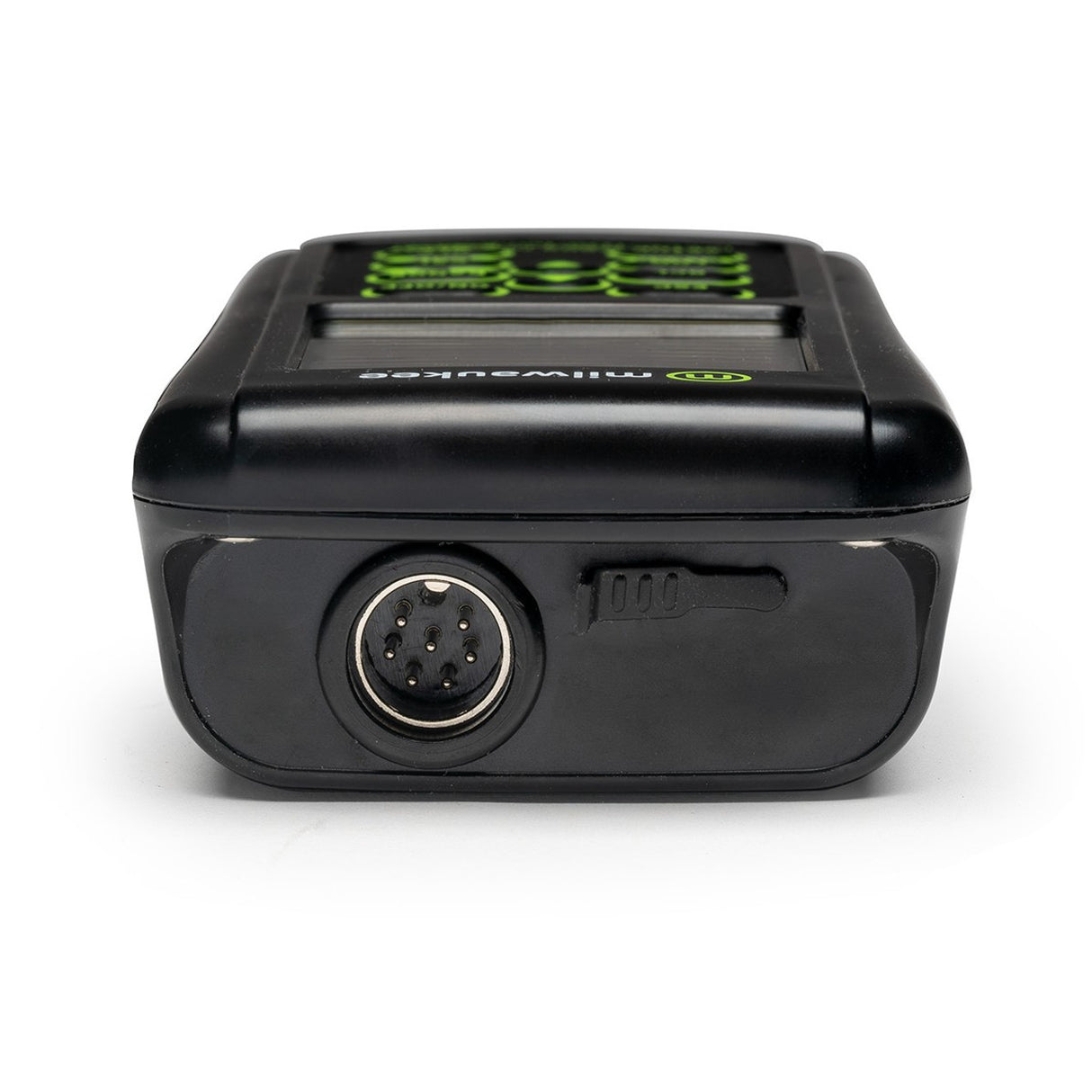 Black electronic device with a circular port on a white background