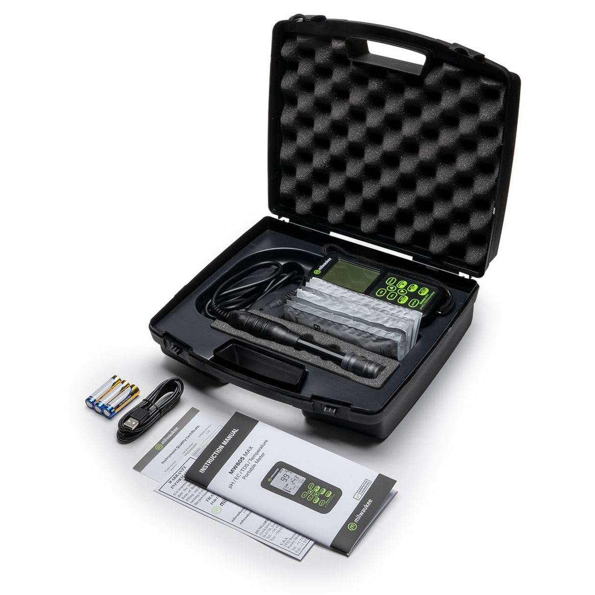 Black electronic device with accessories on a white background