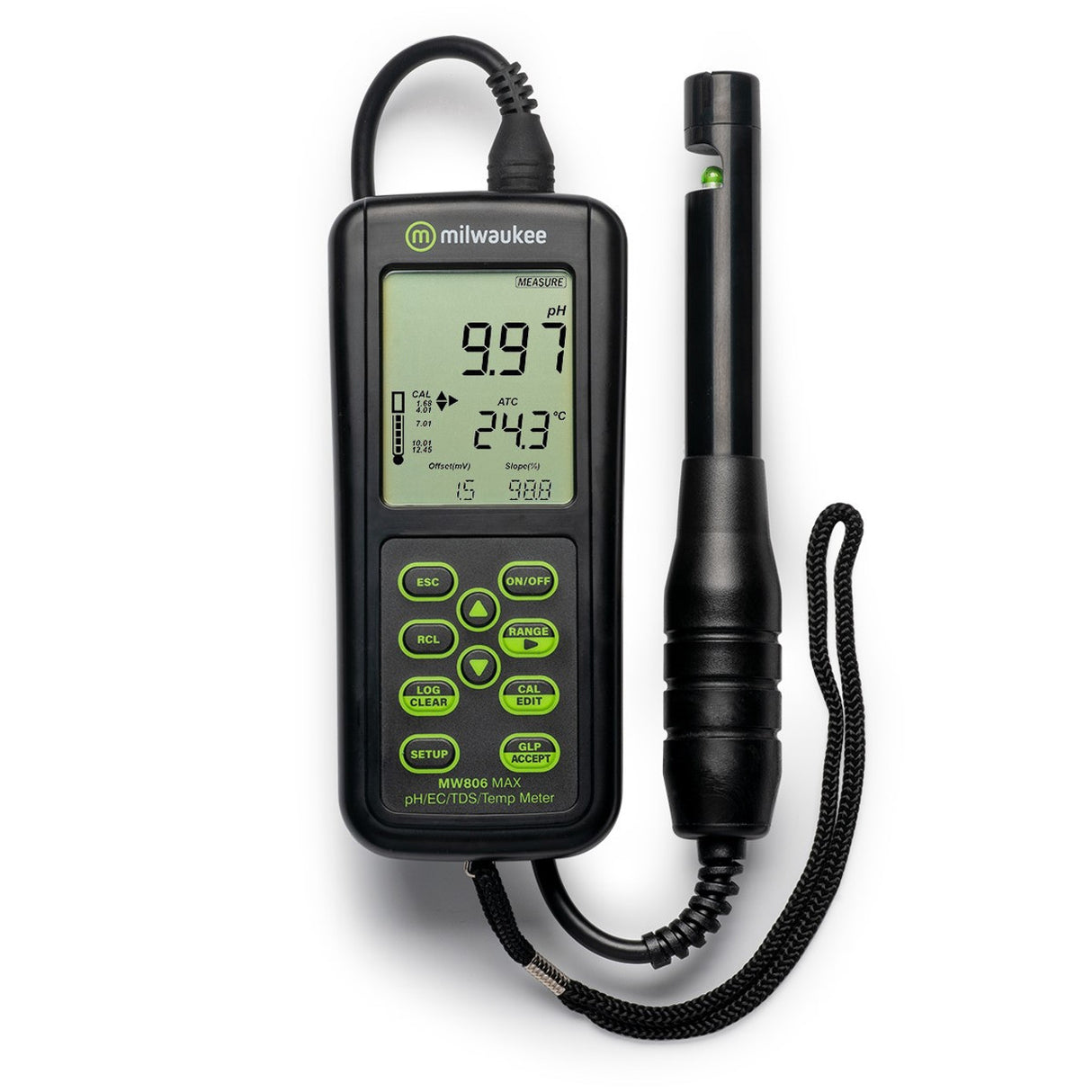Milwaukee pH/TDS/Temp meter with digital display on a white background