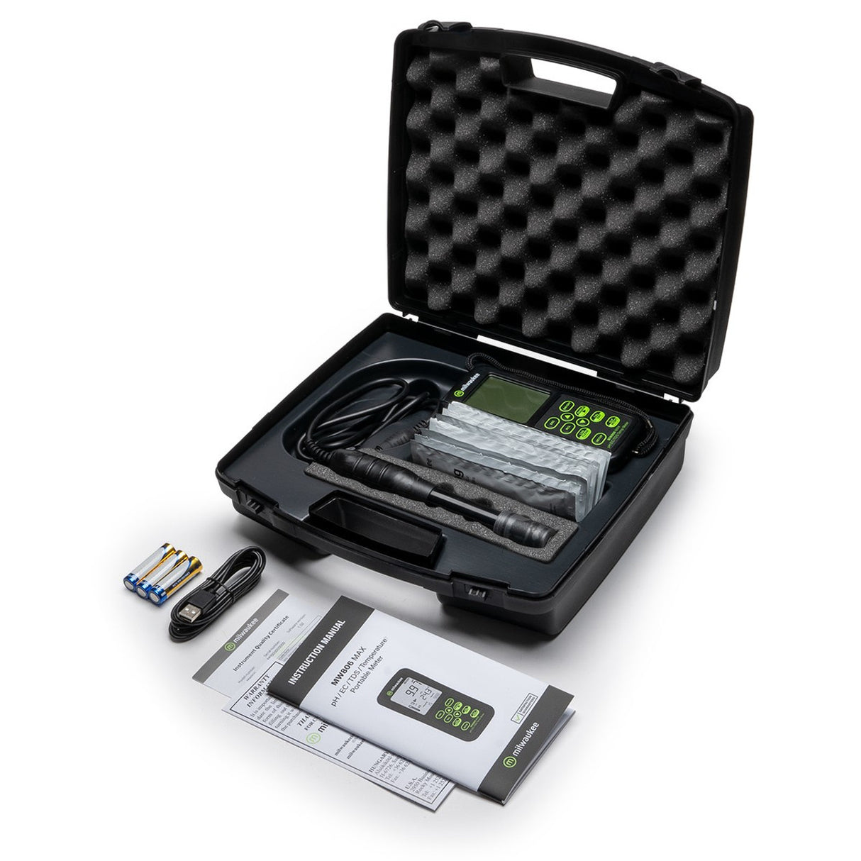 Black electronic device with accessories on a white background