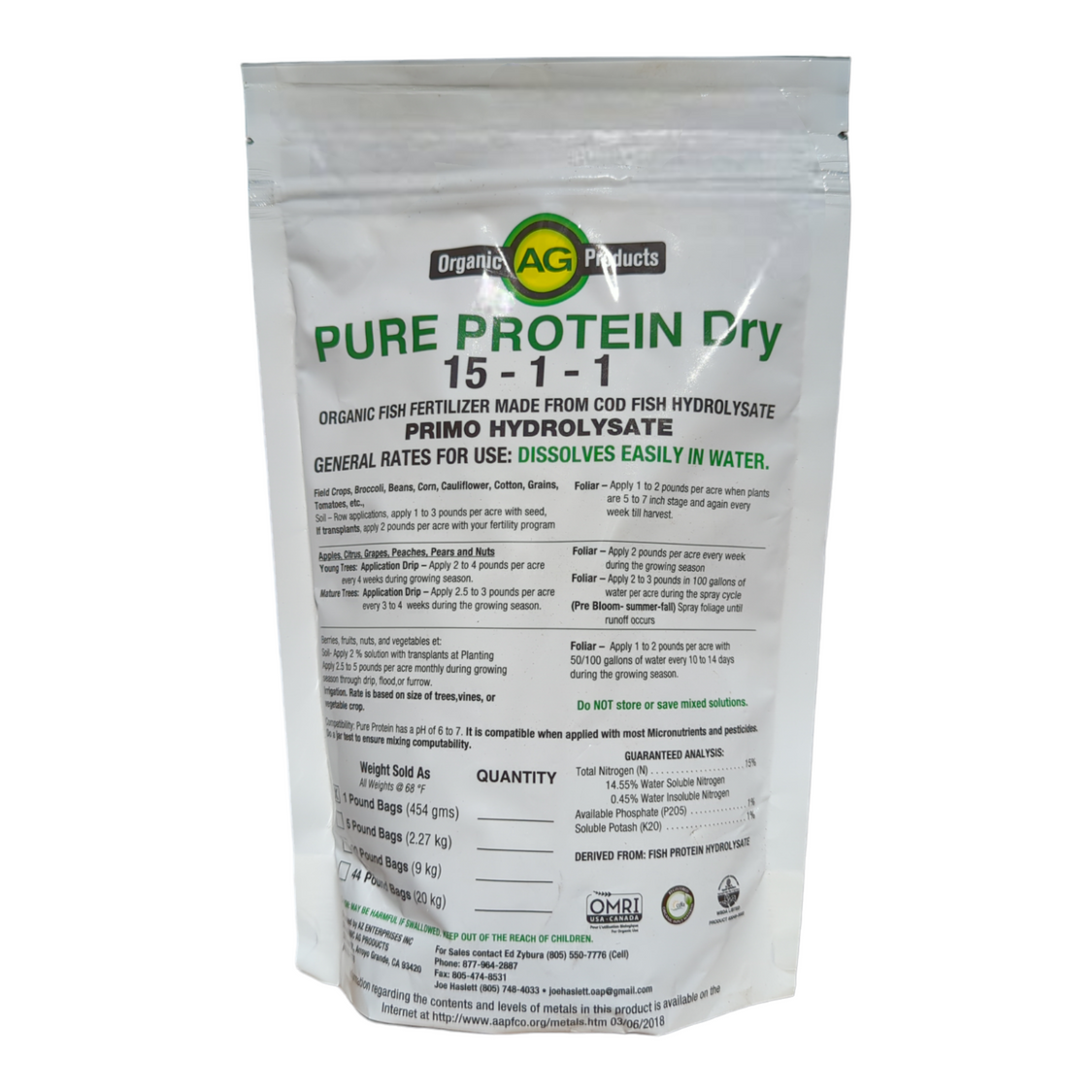Organic Ag Products Pure Protein Organic Fish Fertilizer (15-1-1), 1 Lb