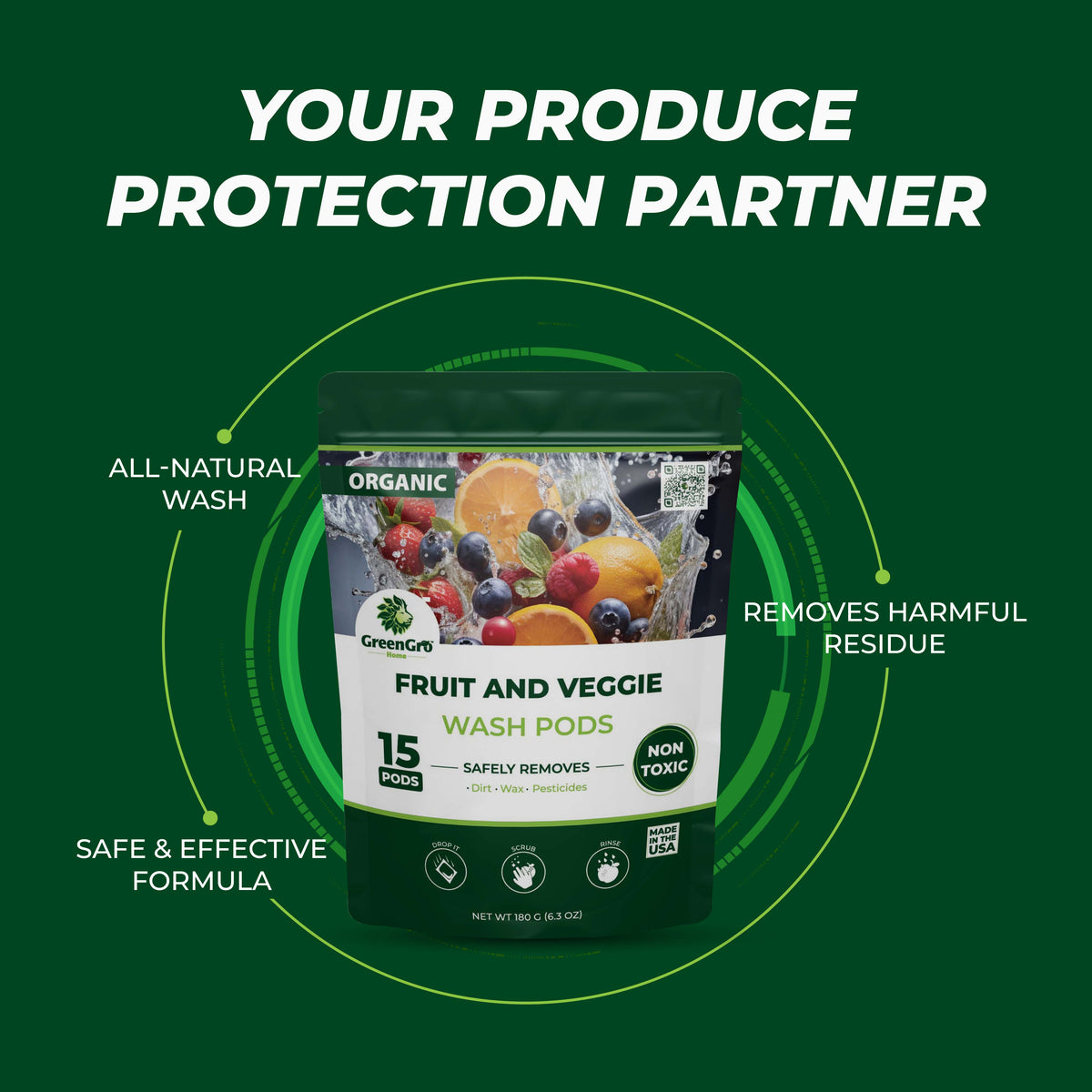 GreenGro Organic Fruit and Veggie Wash Pods package centered on a dark green promotional background with white text reading 'YOUR PRODUCE PROTECTION PARTNER' and callout labels around the product.