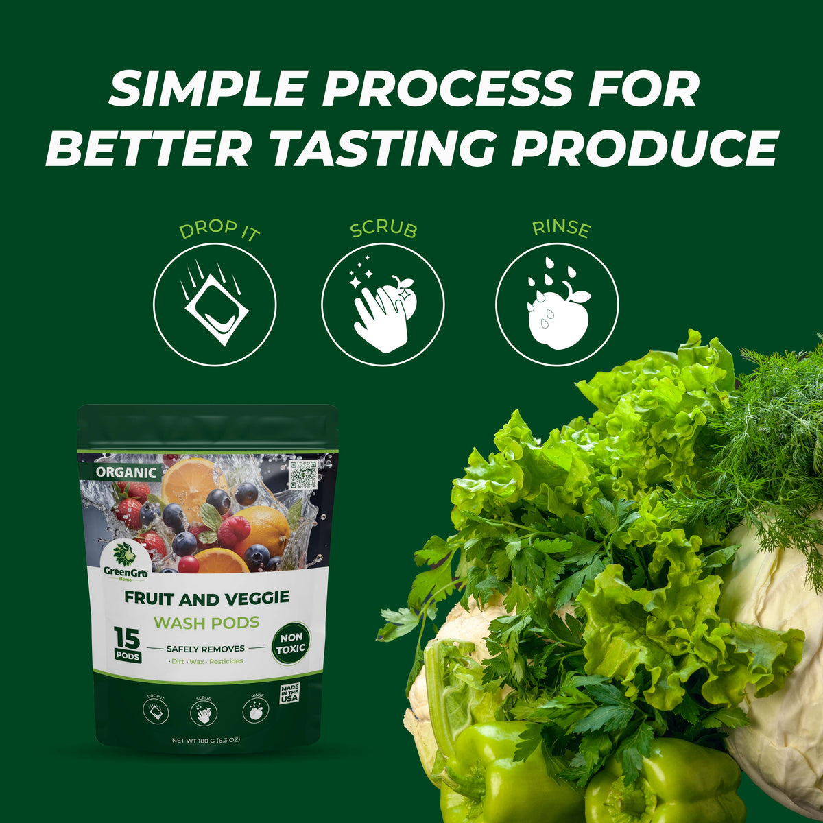 Product packaging for Fruit and Veggie Wash Pods with vegetables on a green background