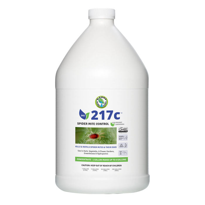 A white gallon-sized bottle of Sierra Natural Science SNS 217C Mite Control Concentrate with labeling and branding.