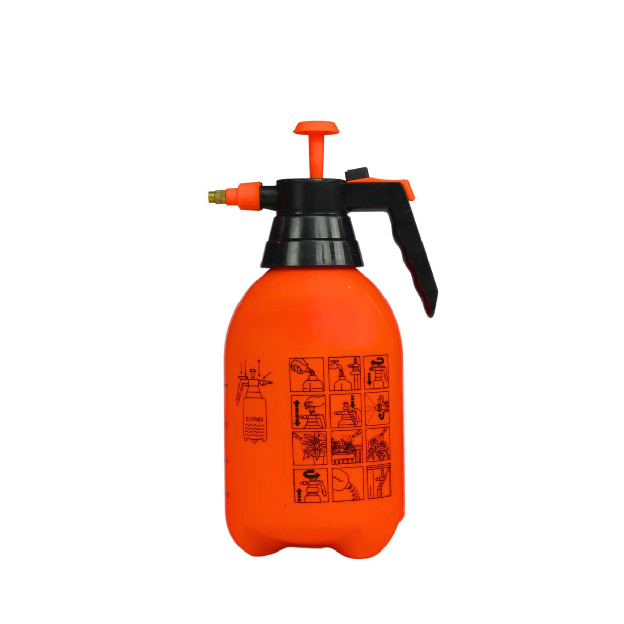 Orange spray bottle with black nozzle on a white background