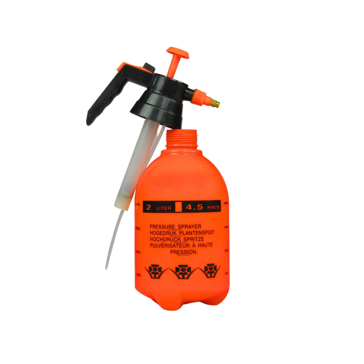 Orange pressure sprayer with black nozzle on a white background