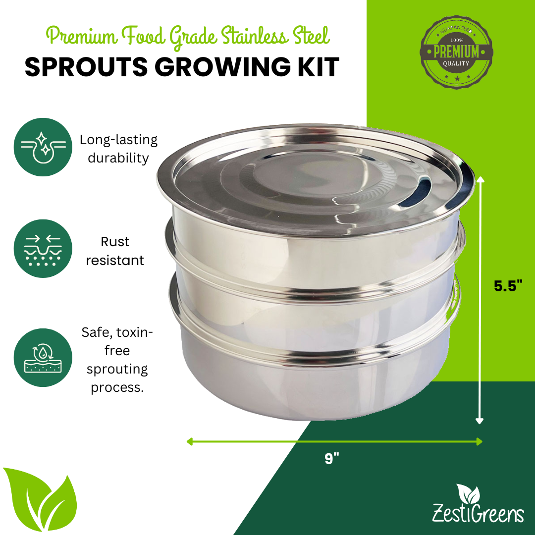 ZestiGreens Stainless Steel Seed Sprouter Kit – 3-Tier Stackable Sprouting Trays with Dual Mesh