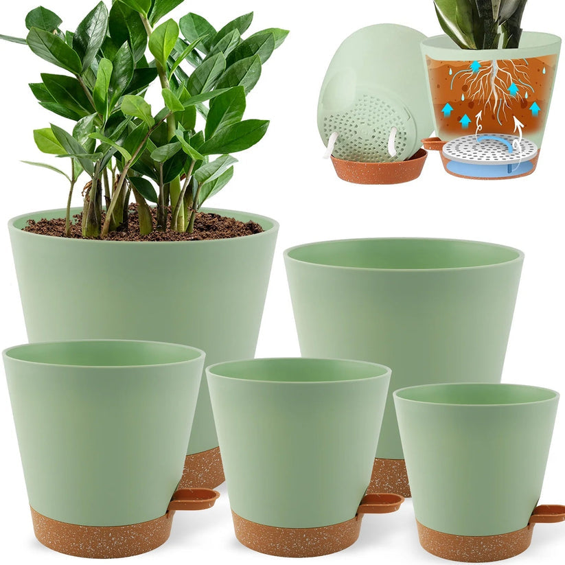 Self-Watering Planter Set – 5 Sizes (5" to 7") – Green, Pack of 5